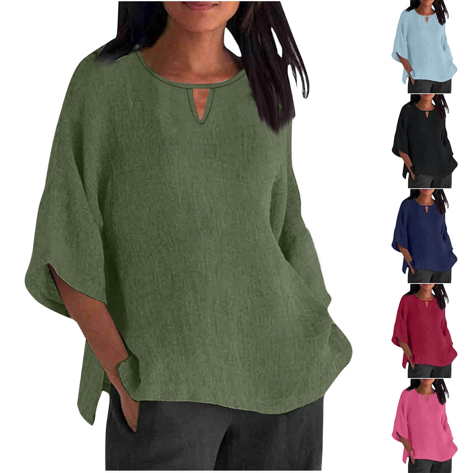Feancey 3/4 Sleeve Linen Tops for Women Keyhole Round Neck Loose Blouse ...