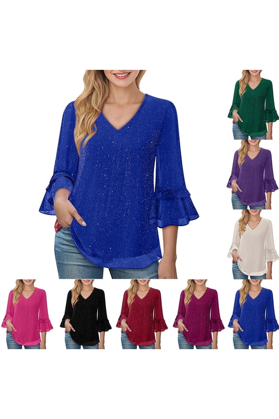 3/4 Sleeve Sequin Tops for Women V Neck Double Layers Mesh Blouses Loose Fit Flowy Tunic Tops Dressy Trendy Cocktail Party Shirt Red M