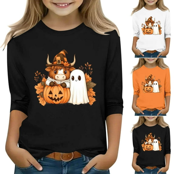Feancey 3/4 Sleeve Shirts for Girls Halloween Funny Pumpkin Ghost Graphic Pullover Tops Holiday Casual Crewneck Tees Teen Girl Loose Blouses Black 5-6Years