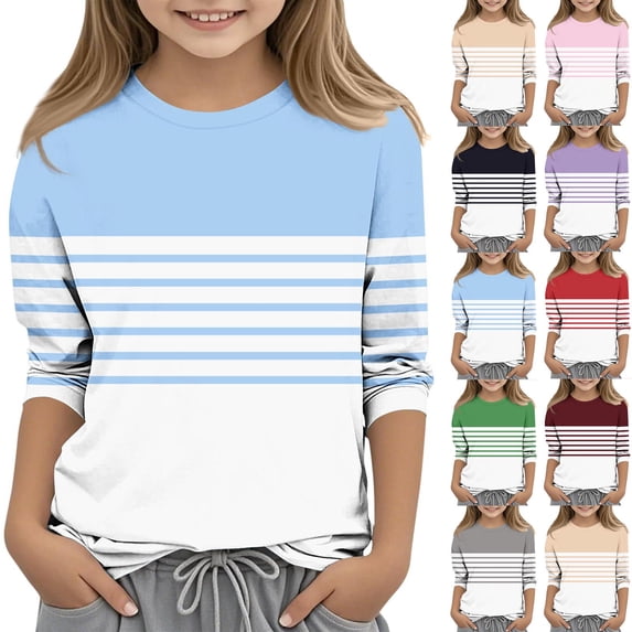Feancey 3/4 Sleeve Shirts for Girls Striped Color Block Round Neck Tops Dressy Casual Loose T-Shirts Teen Girl Fashion Fall Outfits Beige 4 Years