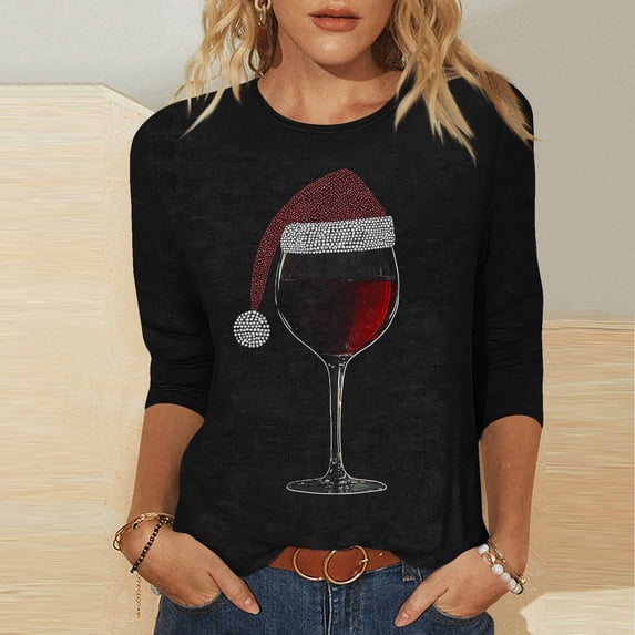 Feancey 3/4 Sleeve T-Shirt for Women Plus Size Christmas Tunic Tops Novelty Wine Glass Print Graphic Tees Crew Neck Casual Loose Blouse Black L