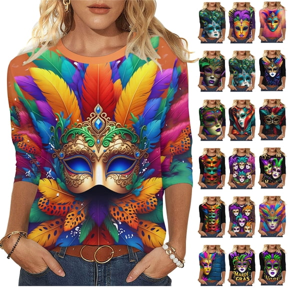 Feancey 3/4 Sleeve T-Shirts for Women New Orleans Carnival Party Tops Fancy Mask Printed Graphic Tees Dressy Casual Round Neck Loose Blouse Multicolor XXL