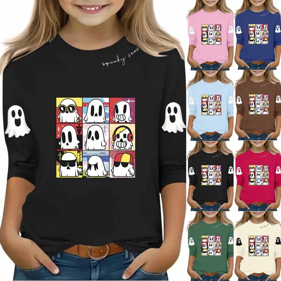 Feancey 3/4 Sleeve T Shirts for Girls Funny Cute Ghost Graphic Tees Teen Girl Casual Crewneck Pullover Tops Spooky Season Gifts Army Green 110