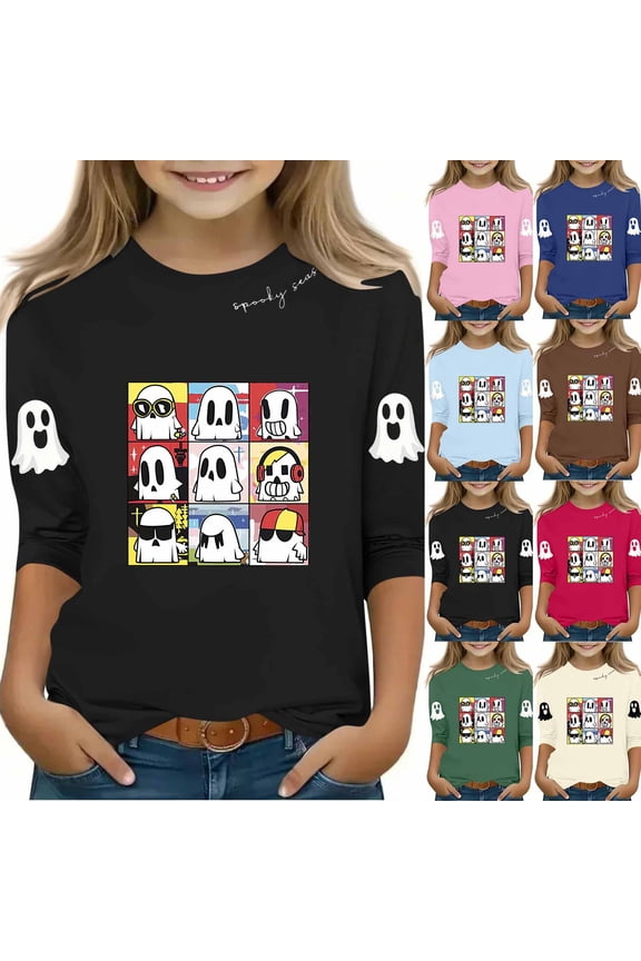 3/4 Sleeve T Shirts for Girls Funny Cute Ghost Graphic Tees Teen Girl Casual Crewneck Pullover Tops Spooky Season Gifts Army Green 130