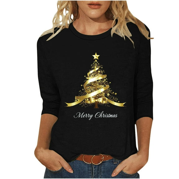 Feancey 3/4 Sleeve T Shirts for Women Crew Neck Casual Christmas Tops Dressy Trendy Xmas Tree Print Plus Size Blouse Comfy Loose Tunic Tees Black 5XL