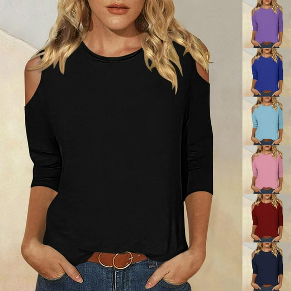 Feancey 3/4 Sleeve Tops for Women Cold Shoulder Solid Pullover Round Neck Loose Dressy Blouses Summer Casual Basic Tunics Sales Today Today,Pink,XL