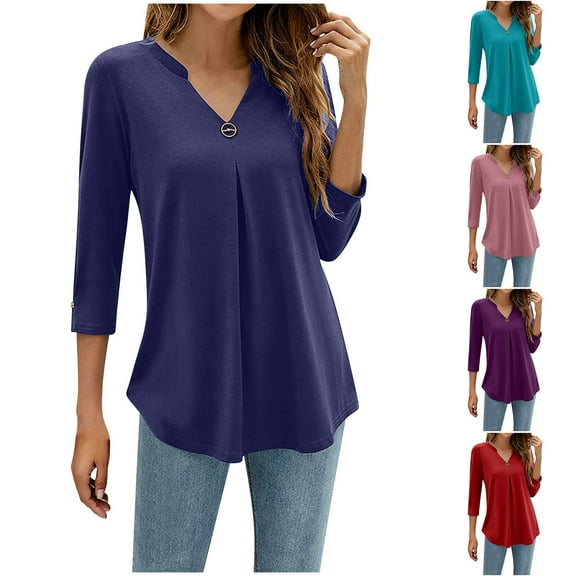 Feancey 3/4 Sleeve Tunic Tops for Women Casual Notch V Neck Pleated Blouse Solid Color Three Quater Length Loose T Shirts Navy L