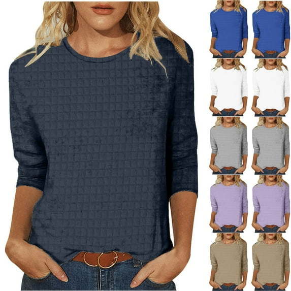 Feancey 3/4 Sleeve Waffle Knit Tops for Women Solid Casual Crewneck Loose Tunics Spring Casual Work Blouse Three Quarter Length Sleeve Tees Purple L