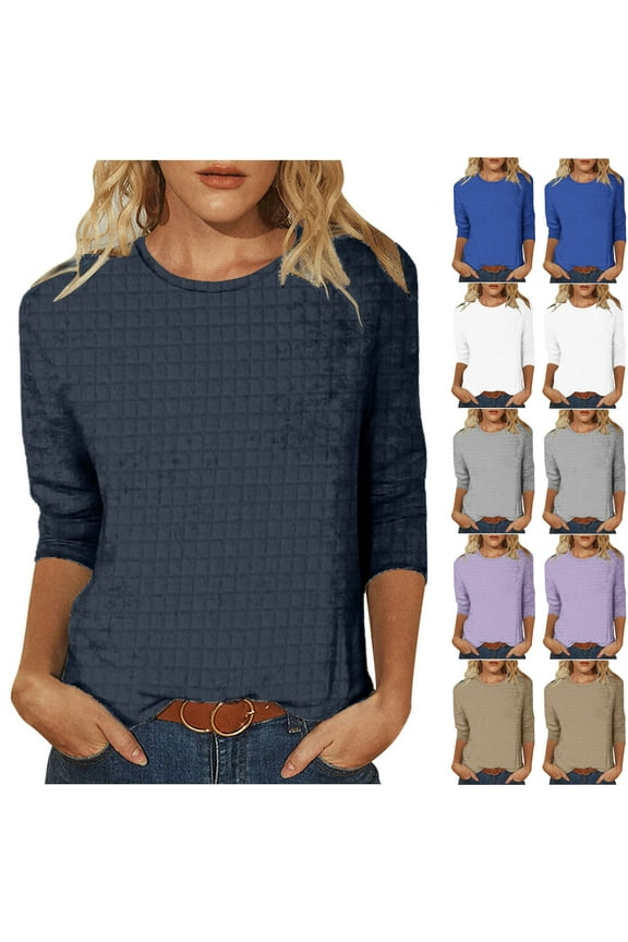3/4 Sleeve Waffle Knit Tops for Women Solid Casual Crewneck Loose Tunics 2025 Spring Casual Work Blouse Three Quarter Length Sleeve Tees Limited Time Deal White XL
