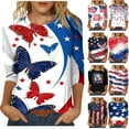 thumbnail image 1 of Feancey 3/4 Sleeve Womens Tops Casual Plus Size Fourth of July T-Shirt Distressed American Flag Print Blouse Soft Comfy Independence Day Tshirts Multicolor 4XL, 1 of 6