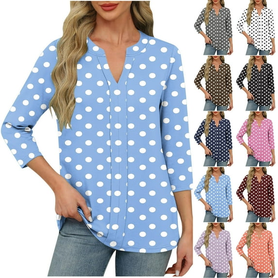 Feancey 3/4 Sleeve Womens Tunic Tops V Neck Casual Polka Dot Print T-Shirts Loose Fit Dressy Office Work Shirts Soft Cute Tees for Women Purple S