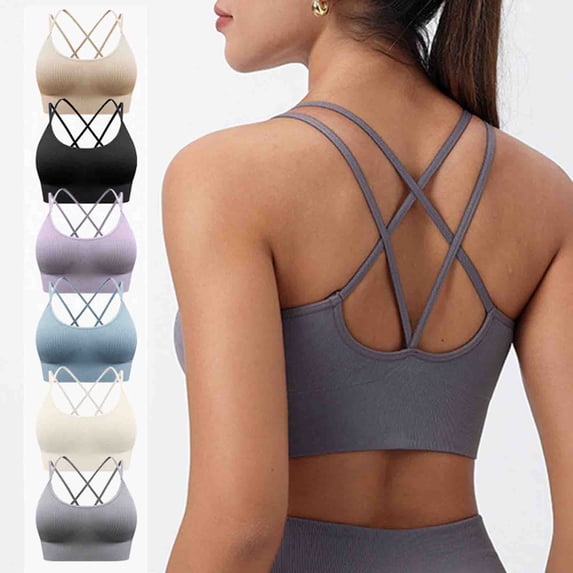 Feancey Womens Crisscross Sports Bras Ribbed Knit Casual Yoga Bra High Impact Workout Wireless Bras Breathable Casual Everyday Brassiere