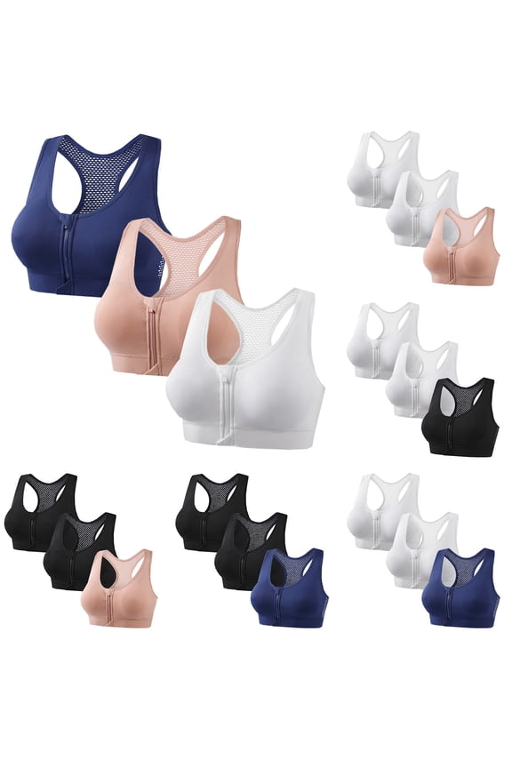 3 Pack Womens Zip Front Sports Bras Medium Support Wireless Bra Athletic Casual Racerback Bras Mesh Breathable Yoga Workout Brassiere Black XL