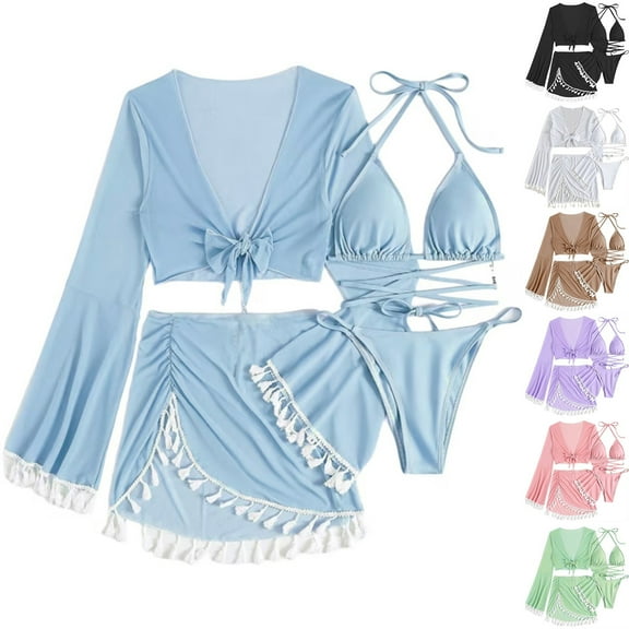 Feancey 4PC Swimsuits for Women Halter Triangle Bikini Sets Crop Fringe Trim Long Sleeve Cover up and Ruffle Shorts Bathing Suits Solid Casual Beachwear Pink L