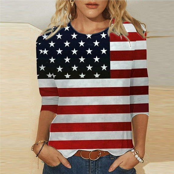 Feancey 4th of July Tshirt for Women 3/4 Sleeve American Flag Print Tops Patriotic Casual Plus Size T-Shirts 2025 Trendy Independence Day Shirts Spring Sales Multicolor S