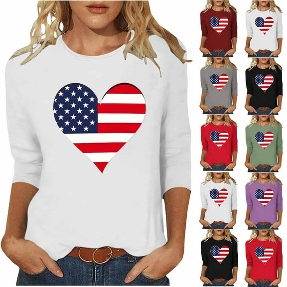 Feancey 4th of July Women's Summer Tops 3/4 Length Sleeve T-Shirts American Flag Heart Print Loose Tunics Holiday Casual Independence Day Shirt Sales Today Gray L