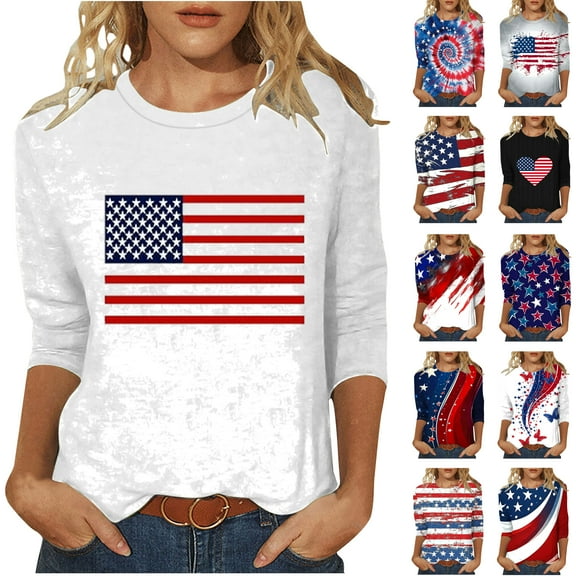 Feancey 4th of July Womens Tops 3/4 Sleeve Dressy Casual Patriotic Graphic Tees Distressed American Flag Print T Shirts Memorial Day Plus Size Blouses Multicolor 4XL