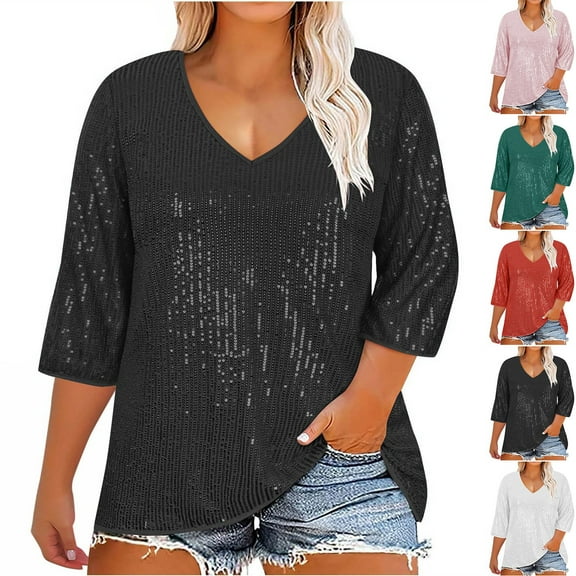 Feancey Sequin 3/4 Sleeve Tops for Women Plus Size Trendy Cocktail Party T Shirts Dressy Casual V Neck Glitter Blouses Sparkly Tee Shirt Black L