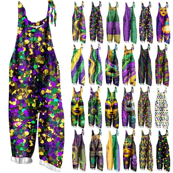 Feancey Womens Mardi Gras Jumpsuits Dressy Trendy Overalls Carnival Mask Printed Cold Shoulder Suspender Cami Pants Jumpsuit Wide Leg Rompers for Women Multicolor XL