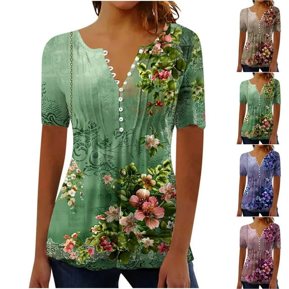 Feancey Summer Floral Blouse for Women Button V Neck Short Sleeve T-Shirts Dressy Casual Pleated Tunic Tops Boho Beach Vacation Henley Shirt Yellow L