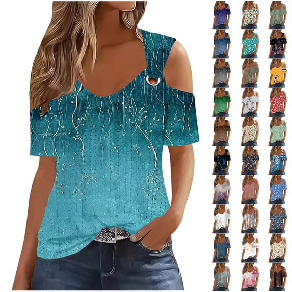 Feancey Summer Tops for Women Trendy Floral Printed Eyelet Shirts Cold Shoulder Casual Loose T-Shirts O-Straps Short Sleeve Blouse Boho Pullover Tee Multicolor XXXL