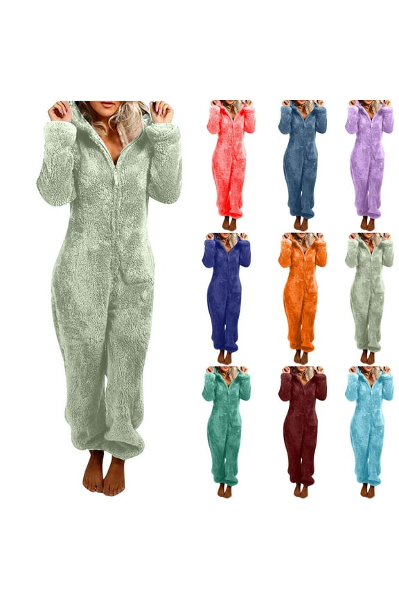 Adult Fleece Onesie Pajamas for Women Winter Fuzzy Zipper Hooded Romper Sleepwear Plush Warm Cat Ear Jumpsuits Comfy One Piece Pjs Thermal Loungewear Big Deal Days Army Green L