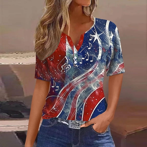 Feancey American Flag Graphic Tees for Women 4th of July Trendy Print Tops Summer Short Sleeve V Neck Henley Shirts Casual Loose Memorial Day T-Shirts,Multicolor,3XL