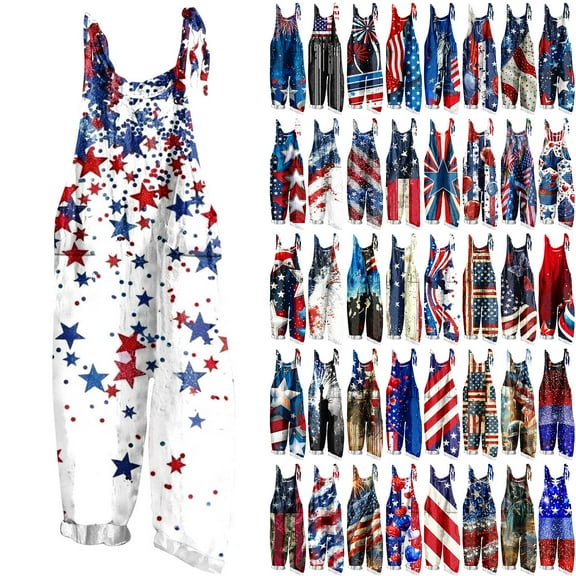 Feancey American Flag Jumpsuits for Women Plus Size Trendy Sequin Print Loose Rompers 4th of July Sleeveless Wide Leg Bib Overalls Memorial Day Patriotic Outfit with Pockets Multicolor XL