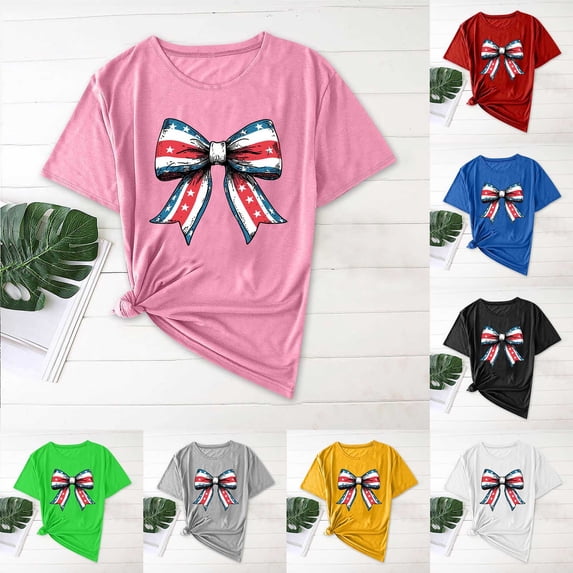 Feancey American Flag T Shirts for Women Cute Bow Patriotic Tops 4th of July Casual Short Sleeve Graphic Tees Novelty Holiday Gifts Gray S