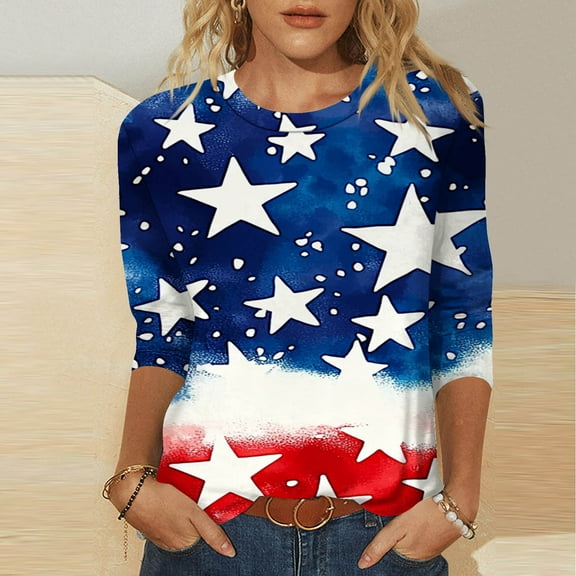 Feancey American Flag Tshirt for Women Plus Size 4th of July Tops Holiday Casual 3/4 Sleeve Round Neck Blouse Memorial Day Shirts Limited Time Sales Multicolor XXL