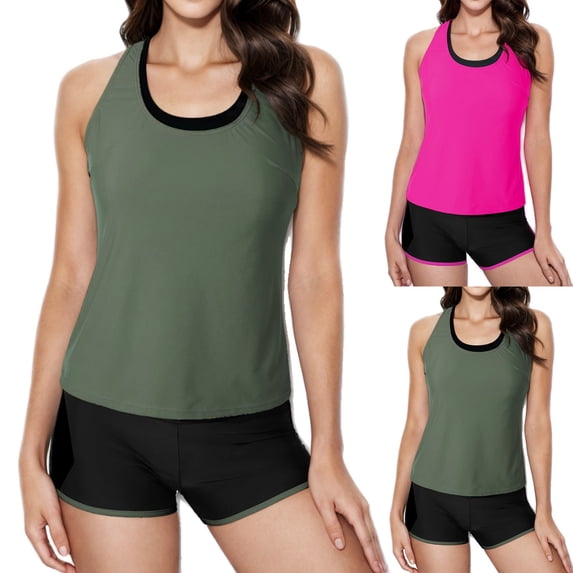 Feancey Atheltic 2 Piece Swimsuits for Women Solid Casual Scoop Neck Swim Blouson Racerback Tankini Tops and Boyshorts Bathing Suits Sporty Swimwear Daily Sales Green S