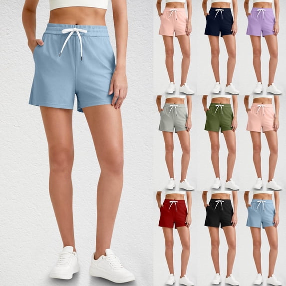 Feancey Athletic Ribbed Shorts Women Drawstring High Waisted Workout Shorts Loose Straight Leg Sweatshorts Solid Lightweight Short Pants with Pockets Light Blue L