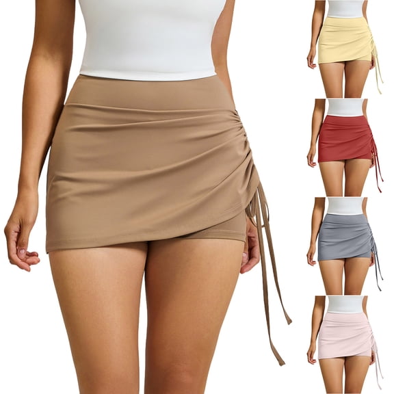Feancey Athletic Skorts for Women Adjustable Side Drawstring Quick Dry Tennis Skirt with Shorts Comfy High Waisted Ruched Gym Yoga Shorts Khaki M