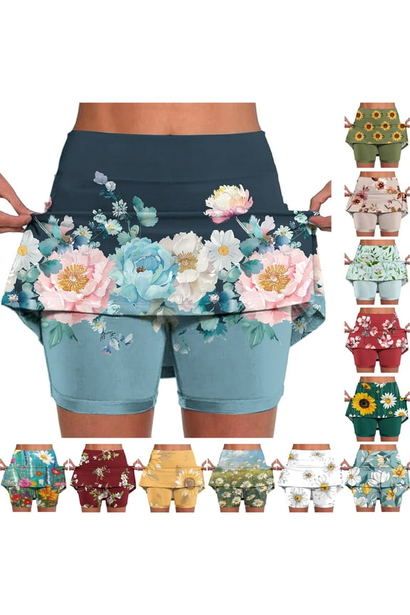 Athletic Skorts for Women Running,Womens Floral Print Plus Size Workout Skorts Summer High Waist Casual Mini Skirts with Shorts Holiday Sales