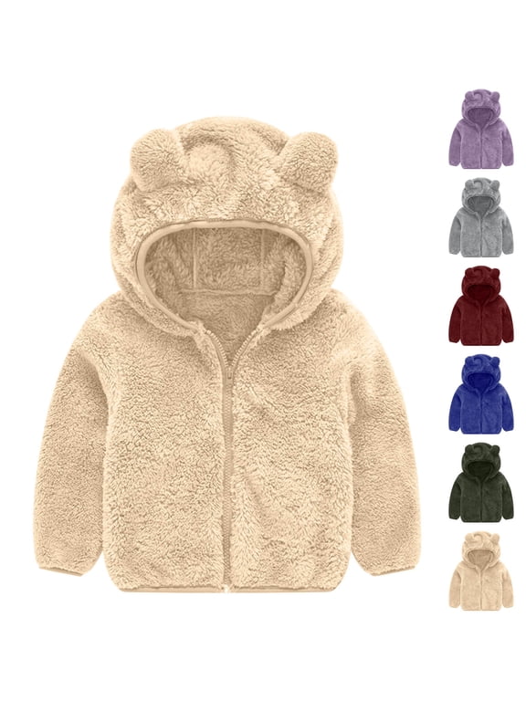 Baby Boys Fleece Jacket Toddler Girls Cute Hooded Fuzzy Winter Coats Infant Kids Casual Zipper Furry Jackets Wine 18 Months