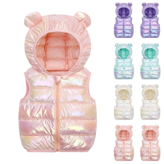 Feancey Baby Girls Boys Puffer Vest Toddler Kids Sleeveless Down Coats Cute Bear Ear Hooded Waistcoat Little Girl Shiny Vests Lightweight Outerwear Purple 3 Years