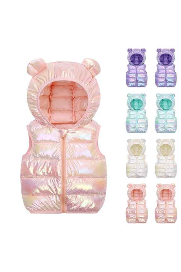 Baby Girls Boys Puffer Vest Toddler Kids Sleeveless Down Coats Cute Bear Ear Hooded Waistcoat Little Girl Shiny Vests Lightweight Outerwear Sky Blue 1 Years