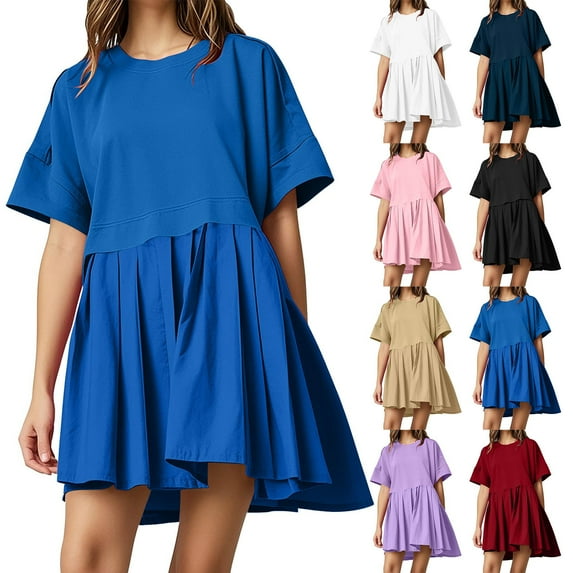 Feancey Babydoll Dress for Women Oversized Casual Mini Dresses Summer Short Sleeve Loose T Shirt Dress Flowy Pleated Hem A-Line Dress Blue S