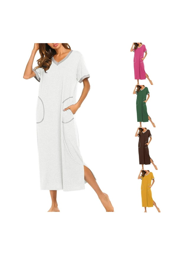 Long Nightgowns for Women Soft Short Sleeve V-neck Night Dress Side Slit Casual Loose Sleepwear Maxi Dresses with Pockets Brown L