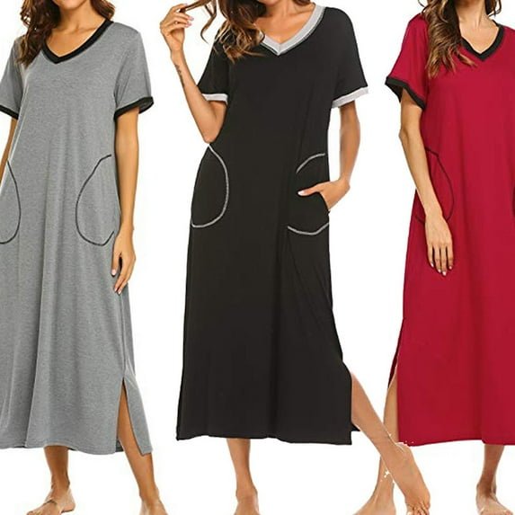 Feancey Back to School Clearance Nightgowns for Women Long Casual Short Sleeve V-Neck Sleepwear Comfy Loose Side Split Nightdress Loungewear with Pockets Wine Red L