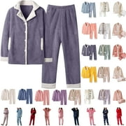 FEANCEY Womens Fleece Pajama Sets Petite,Women's Fall Winter Warm Thick Long Sleeved Pants 2 Piece Outfit Plush Solid Color Lapel Lounge Pjs Sets