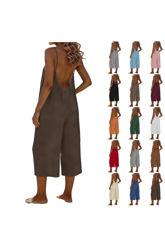 Backless Jumpsuits for Women Spaghetti Strap Wide Leg Capri Pants Rompers Boho Casual Summer Overalls with Pockets Khaki S