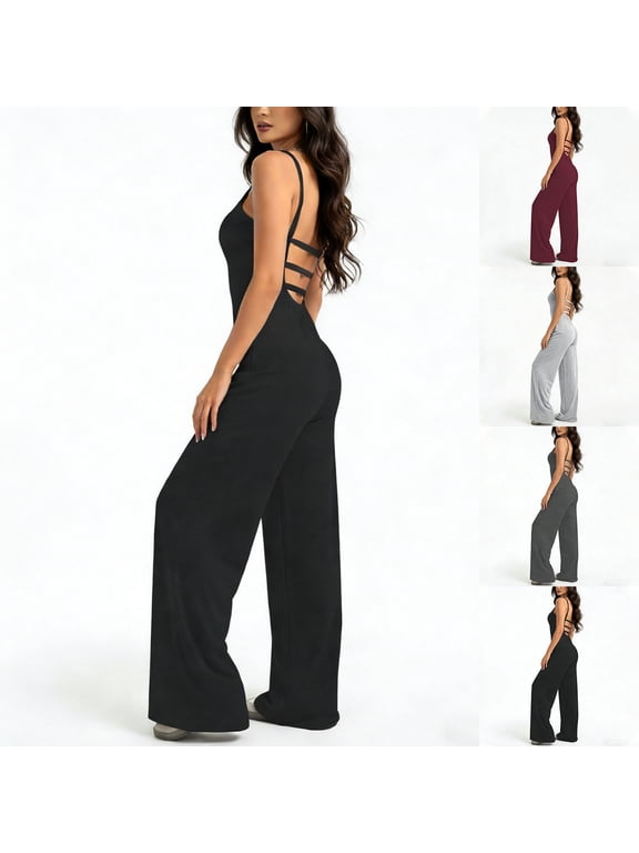 Backless Wide Leg Jumpsuits for Women Spaghetti Strap Sleeveless Workout Rompers Athletic Tummy Control One Piece Jumpsuit Wine L