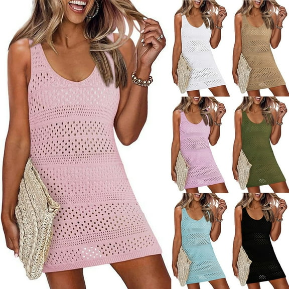 Feancey Beach Cover Ups for Women Crochet Sleeveless Mini Dresses Solid Color Casual Hollow Out Sundress Dressy Trendy Tank Dresses Khaki M
