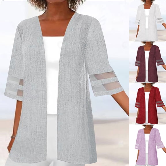 Feancey Beach Cover ups for Women Mesh Half Sleeve Kimono Cardigans Open Front Lightweight Cardigan Solid Color Vintage Thin Jackets White XXL