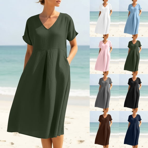 Feancey Beach Dress for Women Cotton Linen Casual Midi Dresses Summer Short Sleeve Flowy Vacation Dress Solid Color Loose Shift Dresses with Pockets Light Blue M
