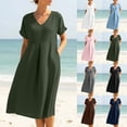 thumbnail image 1 of Feancey Beach Dress for Women Cotton Linen Casual Midi Dresses Summer Short Sleeve Flowy Vacation Dress Solid Color Loose Shift Dresses with Pockets White M, 1 of 10