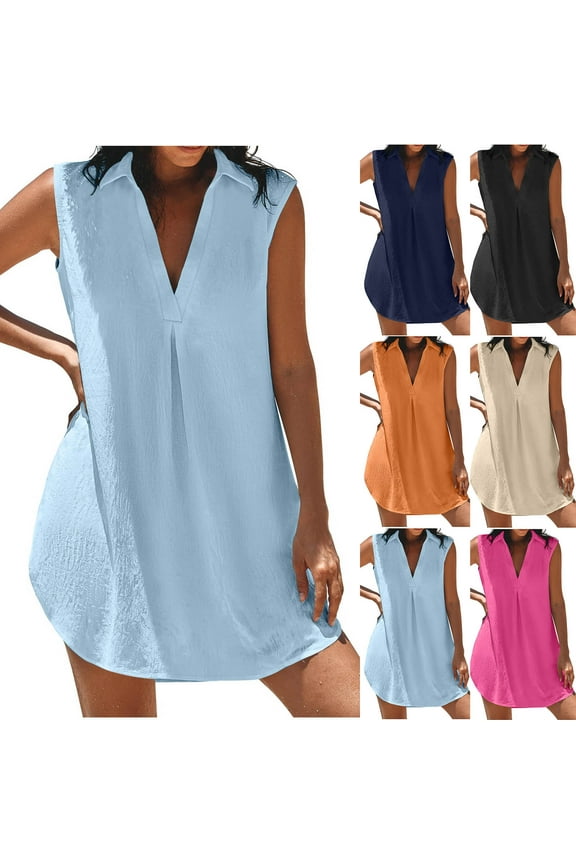 Beach Dresses for Women 2025 Vacation Tank Dress Summer Sleeveless Lapel V Neck Mini Dresses Side Slit Casual Loose Sundress Hot Pink XXL