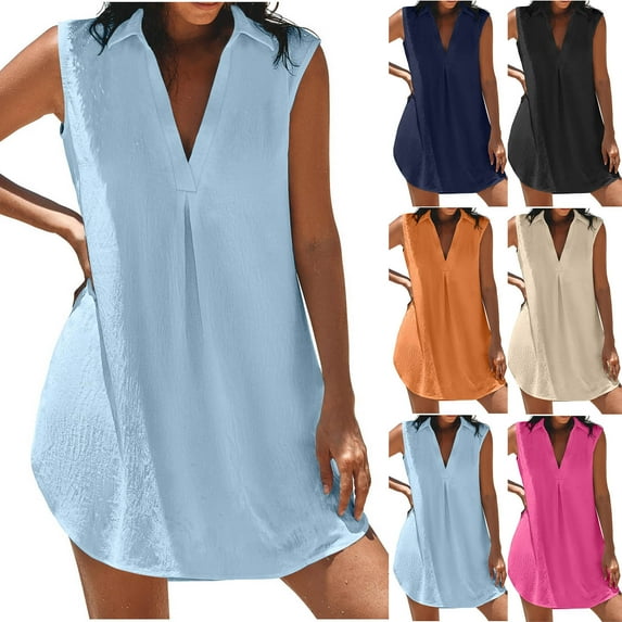 Feancey Beach Dresses for Women 2025 Vacation Tank Dress Summer Sleeveless Lapel V Neck Mini Dresses Side Slit Casual Loose Sundress Hot Pink XXL