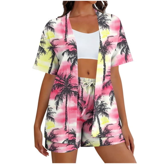 Feancey Beach Shorts Set for Women Breathable Lightweight Vacation Outfits Summer Tropical Floral Shirt and Shorts 2 Piece Lounge Sets with Pockets Pink XL